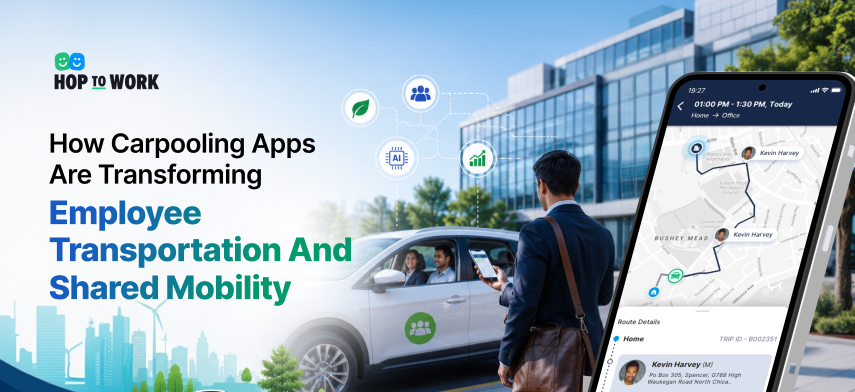 Employees using carpooling apps for smart employee transportation and shared mobility solutions