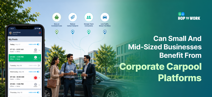 Employees using a corporate carpool platform for small business commute management.