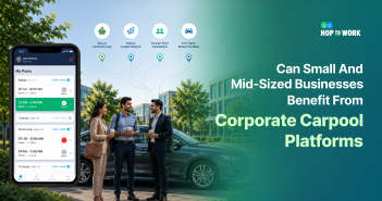 Employees using a corporate carpool platform for small business commute management.