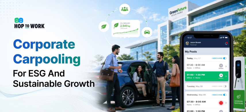 Corporate carpooling platform supporting ESG sustainability goals with smart employee transportation solutions