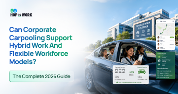 Employees using corporate carpooling and employee transportation solutions to support hybrid work models.